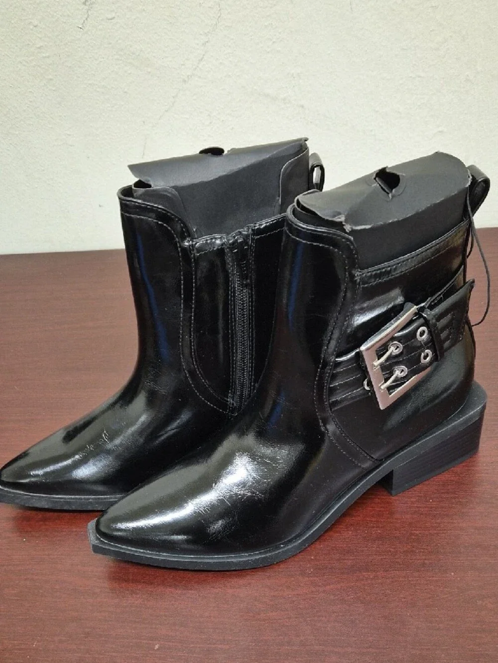 wild fable Black Patent Pointed Ankle Booties with Buckle Detail Size 6.5
